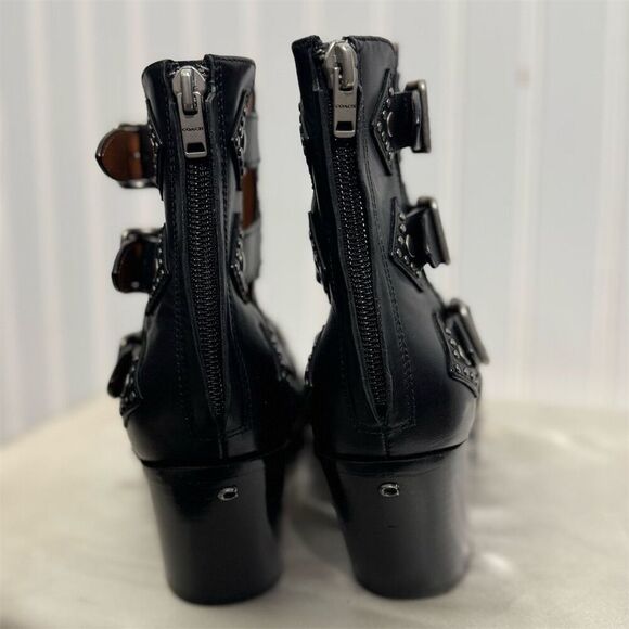 Coach Black Leather Studded Cutout Western Boots 7B Buckle Moto Pointed Toe - Picture 4 of 8